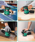 Heavy Duty 5 Inch Random Orbital Sander With 3.8 Amp 450W Motor And Variable Speed Up To 12000 Rpm being used on wood, metal, and walls in a multi-angle layout.