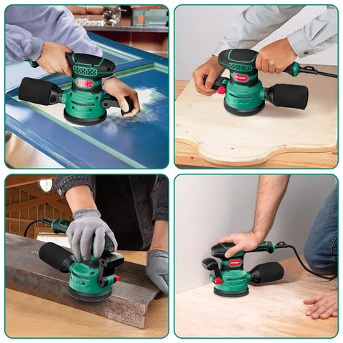 Heavy Duty 5 Inch Random Orbital Sander With 3.8 Amp 450W Motor And Variable Speed Up To 12000 Rpm being used on wood, metal, and walls in a multi-angle layout.