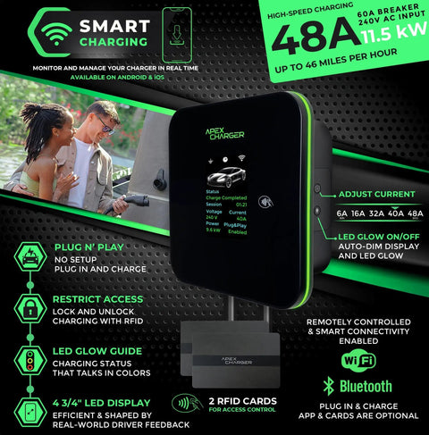 Heavy Duty Level 2 Ev Charger With Tesla Nacs Plug 48 Amp Wall Mount Charging Station 30 Ft Cord Nema 14 50 Adapter Hardwired Led Display with smart features.