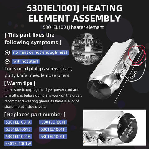 Beefed Up Dryer Heating Element Assembly Replacement For LG DLE5977W DLE2240W DLE3170W Fits 5301EL1001J includes housing and wiring
