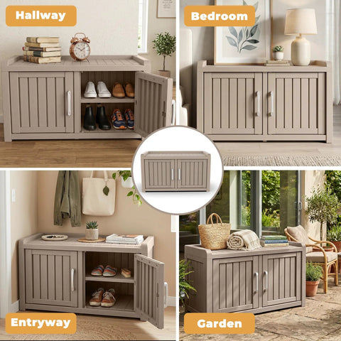 Waterproof UV Resistant Shoe Cabinet Storage Bench Indoor Outdoor With Adjustable Shelves Double Door Grey For Entryway Bedroom Hallway And Living Room Durable Space Saving Organizer That Holds Up To Eight Pairs in various home settings.