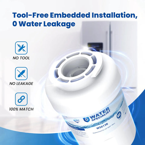 Replacement Refrigerator Water Filter For GE MWF SmartWater MWFP MWFA GWF HDX FMG1 WFC1201 GSE25GSHECSS PC75009 RWF1060 And Kenmore 9991 NSF 42 372 Certified Coconut Shell Activated Carbon For Tasty Water And Ice Three Pack. Filter close-up with installation info.
