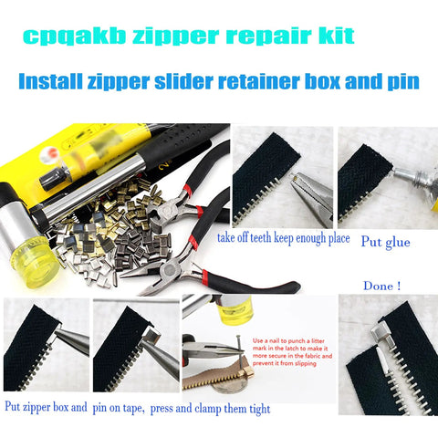 52 Piece Zipper Repair Kit With Metal Head Sliders Retainers And Insertion Pins In 3 Colors And 3 Sizes Includes Stops Bottoms