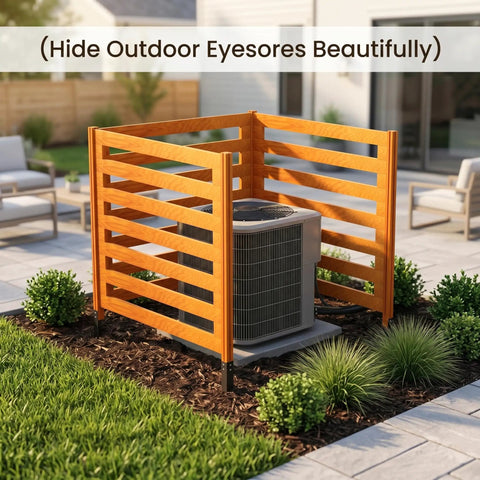 Solid Cedar 3 Panel Privacy Fence Screen for Air Conditioner 36x36 Inches installed around an AC unit with 4 metal stakes outdoors