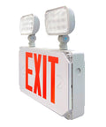 Outdoor Wet Location Red LED Exit Sign With Battery Backup Emergency Light, side view showing rugged white housing and emergency lights