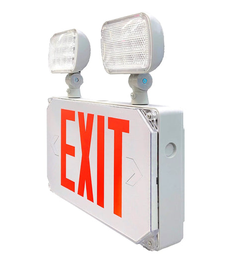 Outdoor Wet Location Red LED Exit Sign With Battery Backup Emergency Light, side view showing rugged white housing and emergency lights