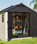 8x6 Ft Plastic Outdoor Storage Shed With Floor Lockable Door And Window Beige Resin Backyard Shed For Tools Bicycles Open