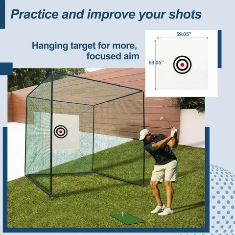 10x10x10Ft Golf Practice Net Cage With Metal Frame shown in backyard with golfer swinging, target detail included