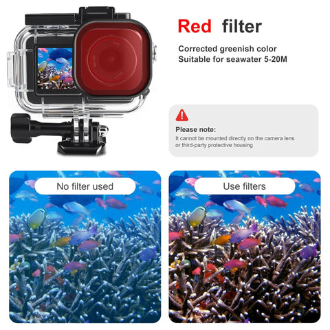 Essential Underwater Diving Kit For DJI Osmo Action with red filter comparison showing corrected colors for crisp shots.