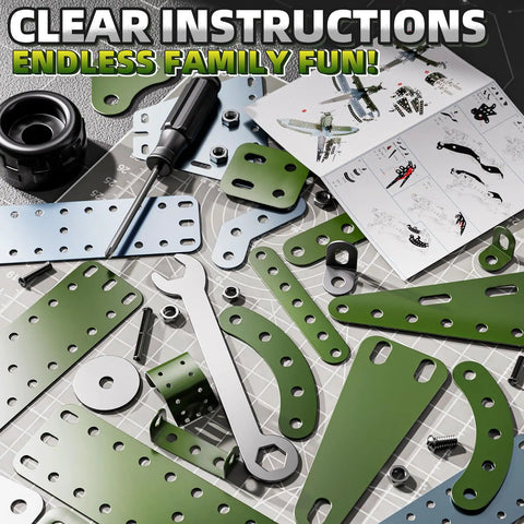 Metal Model Airplane Kit For Kids Ages 8 12, STEM Building Toy With 285 Parts And Tools, instructions and tools displayed