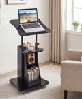 Slick Height Adjustable Standing Desk With Smooth Rolling Casters, Tilting Lectern Stand featuring a laptop, open shelves, and coffee.