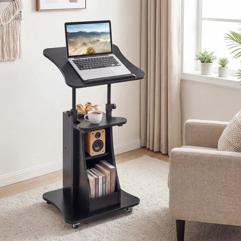 Slick Height Adjustable Standing Desk With Smooth Rolling Casters, Tilting Lectern Stand featuring a laptop, open shelves, and coffee.