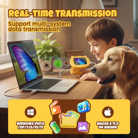1000X Kid Friendly Digital Microscope With 2.4 Inch 4K IPS Display And 2MP Camera, standalone yellow handheld microscope showing butterfly on laptop
