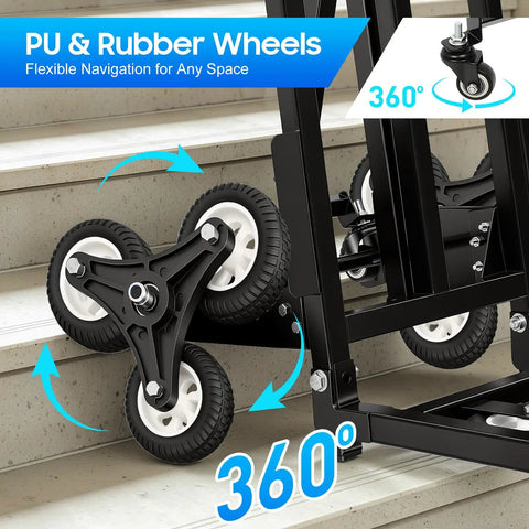 Heavy Duty Stair Climbing Cart For Easy Moving, Portable Hand Truck Dolly That Throws Back 330 Lbs, Built Tough With Front Wheels, Six Rear Wheels And Spare Tires, Your Go-To Stair Hauler For Bulky Loads, PU rubber wheels on stairs