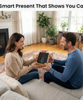 Couple exchanging a gift box in a living room with a "Smart Present" message above.