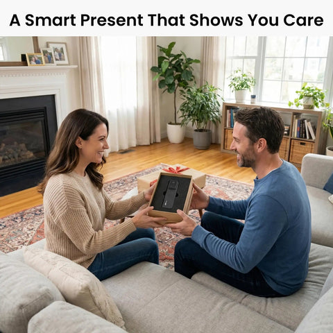 Couple exchanging a gift box in a living room with a "Smart Present" message above.