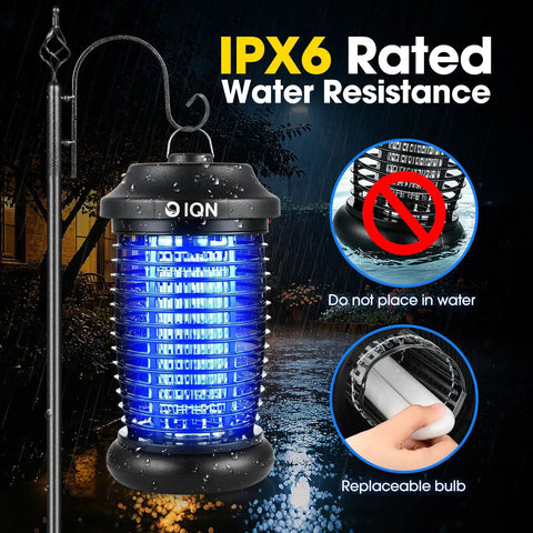 Outdoor Bug Zapper Plug In Electric Mosquito Killer With 15W UV Light And 4200V Grid, IPX6 water resistant design.