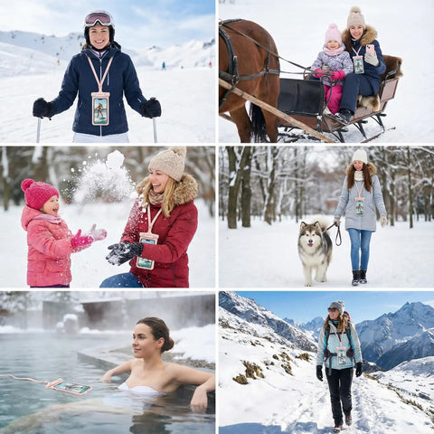 People using 3D Waterproof Phone Pouch With Lanyard in snowy and hot spring settings for skiing and outdoor adventures.