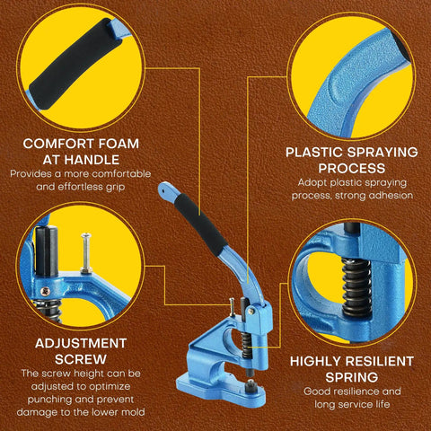 Detailed features of Heavy Duty Hand Press Grommet Tool Kit With 3 Dies And 1500 Silver Grommets, showcasing handle, spring and build.