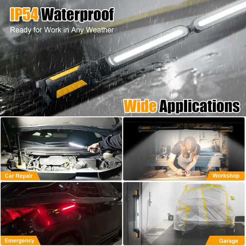 Pro Grade Dual Underhood Work Light With Smart Sensor Control 2400 Lumens LED showing various uses in car repair, workshop, garage.