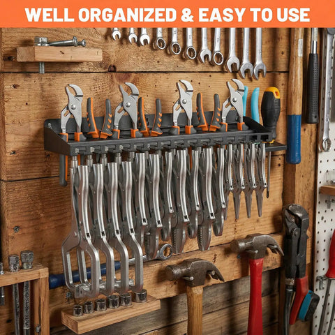 Heavy Duty Metal Plier Organizer And Wall Mount Tool Rack For Garage And Workshop Storage Black Utility Holder with tools displayed
