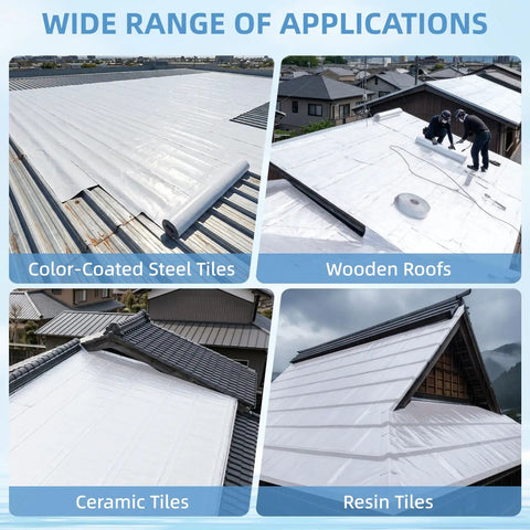 Bulletproof Self Adhesive Rubber Roofing Membrane Roll 39 By 16 Point 4 Feet applied on various roof types including wooden and ceramic.
