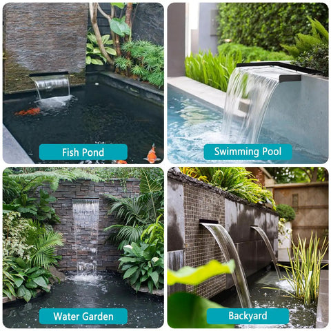All-In-One Pond Waterfall Kit With LED Lights, 8-Inch Stainless Steel Spillway, 600 GPH Pump in garden, pool, and backyard settings