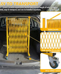 Heavy Duty Rolling Scissor Barrier Expandable Steel Gate With Smooth Swivel Casters For Fast Job Site Lockdown Crowd Control And Tight Safety Perimeter Setup in car trunk.