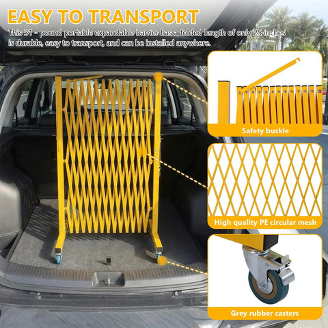 Heavy Duty Rolling Scissor Barrier Expandable Steel Gate With Smooth Swivel Casters For Fast Job Site Lockdown Crowd Control And Tight Safety Perimeter Setup in car trunk.