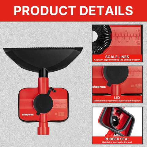 2-In-1 Vacuum Dust Collection Attachment For Drilling And Drywall Cutting, red and black with scale lines and rubber seal details