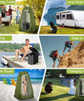 All In One Portable Camping Toilet Kit with pop-up privacy shower tent, foldable toilet, and users camping, fishing, hiking, and changing.