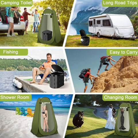 All In One Portable Camping Toilet Kit with pop-up privacy shower tent, foldable toilet, and users camping, fishing, hiking, and changing.