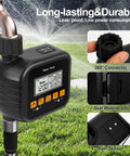 Smart Hose Timer For Garden And Outdoor Irrigation With Rain Sensor showing connectors and display in yard setup