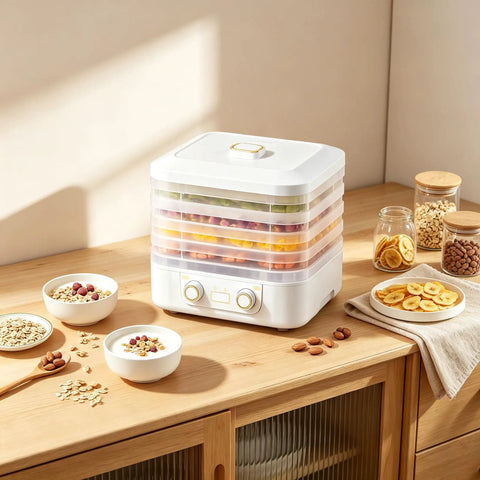 Big Time 6 Tray Food Dehydrator For Home With Clear Racks And Digital Temperature Timer Controls To Knock Out Homemade Jerky Dried Fruit Veggies And Dog Treats Quick As Can Be on kitchen counter with snacks.