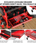 Close-up of Power Tool Organizer Wall Mount With Drill Rack, Grinder Holder, Hammer And Pliers Rack, Locking Drawers, 6 Outlet Charging Shelf, Must Have Heavy Duty Metal Tool Storage For Garage And Workshop Red