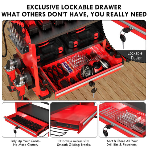 Close-up of Power Tool Organizer Wall Mount With Drill Rack, Grinder Holder, Hammer And Pliers Rack, Locking Drawers, 6 Outlet Charging Shelf, Must Have Heavy Duty Metal Tool Storage For Garage And Workshop Red