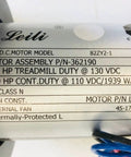 Close-up of Heavy Duty Treadmill Motor 2.8 Hp Dc Drive specifications showing model and voltage details.