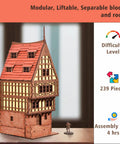 Realistic Medieval Rowhouse DIY Wood Building Kit For Teens And Adults displayed with pieces, assembly time 4 hours
