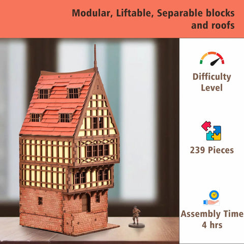 Realistic Medieval Rowhouse DIY Wood Building Kit For Teens And Adults displayed with pieces, assembly time 4 hours