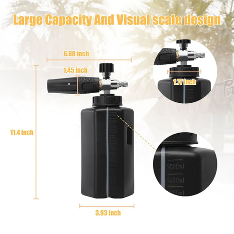 Adjustable Foam Cannon For Pressure Washer With Big Mouth Snow Foam Lance, 1.5 L Canister, detailed dimensions shown