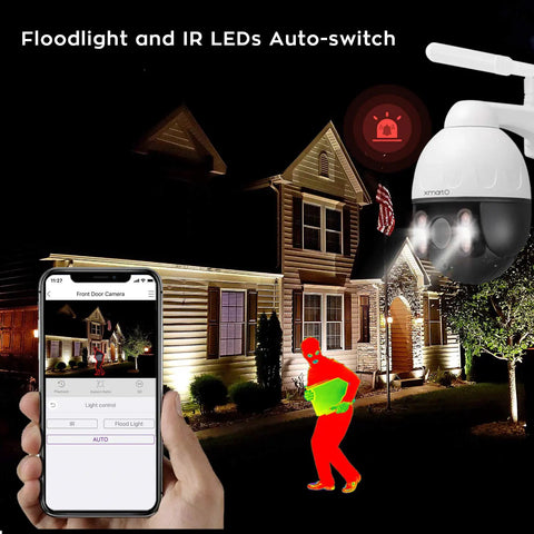 2K 3MP Auto Tracking PTZ Security Camera With WiFi AC Powered Dope Night Vision, smartphone app showing floodlight activation at night