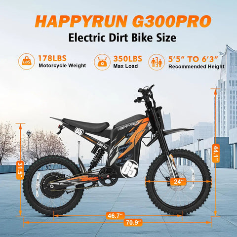 Side view of G300 Pro Electric Dirt Bike for Adults with 72V 30Ah Battery, 6500W Peak Power, 178 lbs, black color in urban setting.