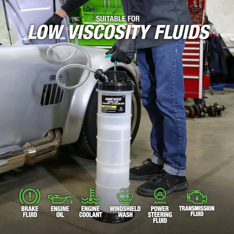 Manual Fluid Extractor Pump With 9.5L Capacity And 5ft Hose used for coolant removal near car, ergonomic handle visible