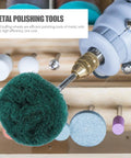 Close-up of a scouring pad head on a drill from 6 Piece Polishing Buffing Wheel Set With Easy Grip Handle For Wood And Metal.