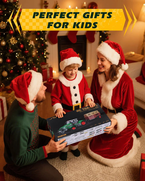 Family in festive attire gifting Remote Control Tractor 1 To 24 Scale With Dump Trailer Rechargeable RC Farm Vehicle Toy.