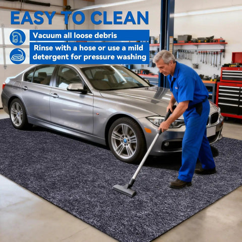 Man cleaning Triple Layer Garage Floor Mat With Waterproof Barrier And Non Slip Backing Heavy Duty Reusable Absorbent Surface