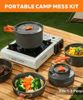 10 Piece Camping Cookware Set With 2L Pot, 0.8L Fry Pan And 1.1L Kettle Plus 3 Bowls, Spoon, Turner, and Mesh Bag in outdoor use