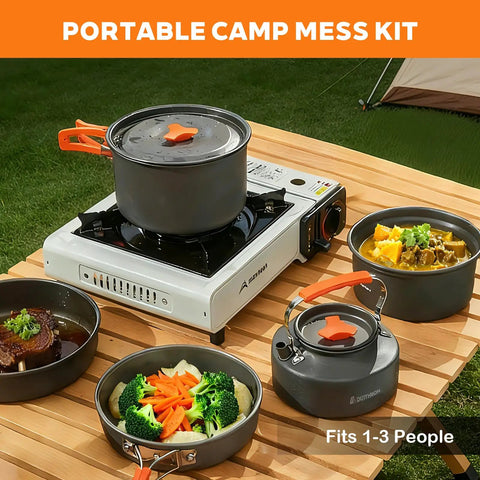 10 Piece Camping Cookware Set With 2L Pot, 0.8L Fry Pan And 1.1L Kettle Plus 3 Bowls, Spoon, Turner, and Mesh Bag in outdoor use