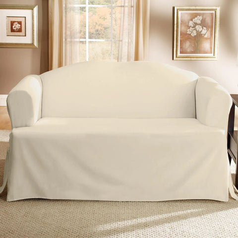 Cotton Duck Sofa Slipcover For T Cushion Loveseat One Piece With Seat Seam Elastic, Relaxed Fit, Natural Color, No Fuss