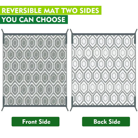 9x18 Reversible Outdoor Camping Rug Weatherproof Patio Mat For RV Beach Backyard Deck And Picnic Two Gray And White Patterns Flip For A Fresh Look In An Instant showing front and back